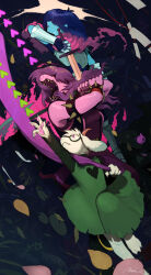  1boy 1girl 1other absurdres armlet armor axe barefoot blue_hair blue_skin cloak colored_skin commentary_request deltarune fangs fighting_stance furry furry_female glasses glowing glowing_weapon goat_boy hair_over_eyes highres holding holding_sword holding_weapon incredibly_absurdres jewelry kris_(dark_world)_(deltarune) kris_(deltarune) nas_u outstretched_arm purple_hair purple_skin ralsei reptile_girl scarf sharp_teeth spiked_armlet susie_(dark_world)_(deltarune) susie_(deltarune) sword teeth the_fun_gang utdr_(toby_fox) weapon 