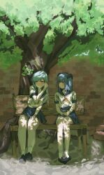  2girls absurdres bench black_shoes blue_eyes blue_hair blue_sailor_collar blue_skirt blush brick_wall cellphone commentary_request dragon_girl dragon_horns earphones full_body hairband highres holding holding_phone horns korean_commentary looking_at_another multicolored_hair multiple_girls naia_(trickcal) narrowed_eyes neckerchief official_alternate_costume phone pink_hair pleated_skirt red_neckerchief sailor_collar school_uniform serafuku shared_earphones shirt shoes silphir_(trickcal) sitting skirt smartphone socks streaked_hair sweatdrop tree tree_shade trickcal unsaenge white_hairband white_shirt white_socks wooden_bench 