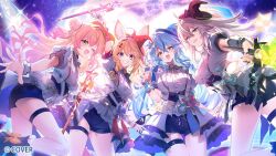  4girls :d ;d ahoge animal_ear_fluff animal_ear_piercing animal_ears aqua_bow aqua_bowtie aqua_gem aqua_sash arm_up blonde_hair blue_corset blue_hair blue_shorts blue_skirt blush bow bowtie braid breasts brooch buttons collared_jacket commentary_request copyright_notice corset double-parted_bangs double_bun dress_shirt elf facial_mark fang flower fox_ears fox_girl fox_tail frilled_skirt frills gem gold_trim gradient_hair green_eyes green_ribbon grey_hair grin hair_between_eyes hair_bow hair_bun hair_flower hair_ornament hair_ribbon hat heart heart-shaped_pupils holding holding_wand hololive hololive_idol_uniform_(bright) idol idol_clothes jacket jewelry lapels lion_ears lion_girl lion_tail long_bangs long_hair looking_at_viewer mini_hat momosuzu_nene multicolored_hair multiple_girls nepolabo notched_lapels official_alternate_costume omaru_polka one_eye_closed open_mouth outstretched_arm overskirt pink_hair pointy_ears puffy_short_sleeves puffy_sleeves ribbon riichu sash sash_bow shirt shishiro_botan short_shorts short_sleeves shorts side_braid sidelocks single_braid skirt smile streaked_hair striped_bow symbol-shaped_pupils tail teeth thigh_strap thighs twintails two-sided_fabric two-sided_skirt two_side_up underbust violet_eyes virtual_youtuber wand wavy_hair white_flower white_jacket white_shirt white_skirt white_wrist_cuffs witch_hat wrist_cuffs wrist_ribbon x_hair_ornament yellow_eyes yukihana_lamy 