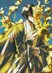  1boy black_hair blue_background branch closed_mouth coat commentary cowboy_shot durumagi e.g.o_(project_moon) flower flower_over_eye folded_fan folding_fan grey_coat half-closed_eyes hanbok hand_fan highres holding holding_branch holding_fan kagamikun_dayon korean_clothes limbus_company long_sleeves looking_at_viewer male_focus project_moon solo spicebush_(e.g.o) technology_liberation_alliance_(identity)_(project_moon) untranslatable_commentary white_hanbok wide_sleeves yellow_eyes yellow_flower yellow_leaves yi_sang_(project_moon) 