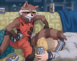  2boys animal_ears artist_name bodysuit braid braided_beard can claws closed_mouth couch drink_can drunk english_commentary facial_hair fang fang_out furry furry_male goatee grey_shirt guardians_of_the_galaxy half-closed_eyes holding holding_can jambu_bidjieh lying male_focus marvel multiple_boys on_couch on_stomach orange_bodysuit peter_quill raccoon_boy raccoon_ears raccoon_tail rocket_raccoon shirt sitting sleeping sleeveless sleeveless_bodysuit squeans squiggle star-lord tail twitter_username wavy_mouth whiskers 