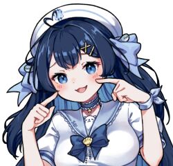  1girl ahoge bad_source blue_bow blue_bowtie blue_eyes blue_hair blue_sailor_collar bow bowtie breasts commentary commission english_commentary harukami_mei hat heart heart_ahoge hojo_studio light_blush open_mouth rie_ccat sailor_collar school_uniform smile solo transparent_background upper_body virtual_youtuber 