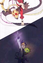  2boys animal armor black_background black_eyes black_shirt blonde_hair brothers brown_hair contrast digimon digimon_(creature) digimon_beatbreak fangs forked_tongue gecko gekkomon giant_snake glasses gloves gold_armor heliosboamon highres jacket jewelry long_sleeves male_focus mind_control multicolored_hair multiple_boys oversized_animal polar_opposites purple_hair reaching reaching_towards_another red_eyes ring round_eyewear shirt siblings snake striped_tail sweat tail tenma_asuka tenma_tomoro third_eye tongue tongue_out two-tone_hair watch watch white_background white_shirt white_snake ym205b 