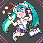  1girl :d absurdres aqua_eyes aqua_hair bag beanie blue_bag chibi collared_shirt full_body gloves hair_between_eyes hair_ribbon hand_on_headphones harurukan hat hatsune_miku headphones highres long_hair multicolored_eyes piano_print pink_eyes pleated_skirt pointing poke_ball pokemon polo_shirt project_voltage psychic_miku_(project_voltage) red_ribbon ribbon shirt shoes short_sleeves shoulder_bag single_glove skirt smile sneakers solo twintails twitter_username very_long_hair vocaloid white_gloves white_headwear white_shirt white_sneakers 