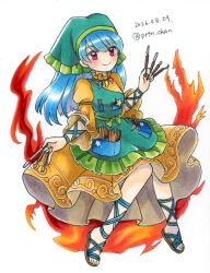  1girl apron arm_ribbon blue_hair blue_ribbon closed_mouth commentary_request dated dress fire full_body green_apron green_headscarf haniyasushin_keiki headscarf holding_tool jewelry leg_ribbon long_hair looking_at_viewer magatama magatama_necklace mixed_holding necklace object_in_pocket one-hour_drawing_challenge pocket proton red_eyes ribbon simple_background single_strap smile solo tools touhou twitter_username white_background wood_carving_tool yellow_dress 