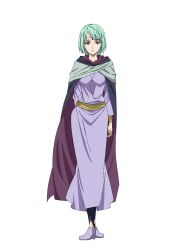  1girl aqua_eyes aqua_hair arm_behind_back artist_request black_cloak black_pantyhose bracelet breasts cloak closed_mouth dress full_body gem gold_bracelet green_eyes head_chain high_heels jewelry looking_at_viewer medium_breasts mjurran_(tensura) necklace official_art pantyhose purple_cloak purple_dress purple_shoes second-party_source shoes short_hair simple_background solo tensei_shitara_slime_datta_ken transparent_background two-sided_cloak two-sided_fabric 