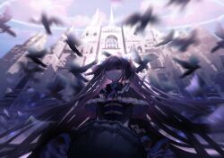  1girl anllouser arcaea arm_cutout artist_name bib_collar bird black_bow black_bowtie black_capelet black_dress black_flower black_hair black_rose blue_corset blue_eyes blue_flower blue_rose bow bow_flower bowtie capelet castle closed_mouth clothing_cutout collar corset crow dress dress_bow flower frilled_collar frills from_below hair_flower hair_ornament hair_ribbon highres long_hair long_sleeves pleated_capelet pokemon ribbon rose signature solo tairitsu_(arcaea) tairitsu_(grievous_lady)_(arcaea) twitter_username 