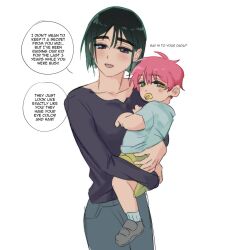  1girl 1other alien_stage carrying carrying_person child commentary english_commentary highres mother_and_child open_mouth pacifier parent_and_child pink_hair sua_(alien_stage) the_quipper violet_eyes yellow_eyes zombie_stage 