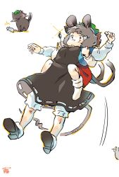  2girls animal_ears armlock bloomers blue_capelet brown_hair capelet cat_girl cat_tail chen chen_(cat) commentary_request dated dress grabbing_from_behind green_hat grey_dress grey_hair grey_shoes hat highres jewelry kokechankokko mob_cap mouse_(animal) mouse_ears mouse_girl mouse_tail multiple_girls multiple_tails nazrin pendant red_skirt shirt shoes short_hair sketch skirt socks tail touhou two_tails white_background white_shirt white_socks 