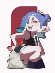  1girl absurdres black_shorts black_tank_top blue_hair cephalopod_eyes commentary earrings english_commentary eyeliner fish_hook_earrings hair_bun hair_over_one_eye highres jewelry long_hair makeup octoling pointy_ears red_eyeliner red_eyes shiver_(splatoon) shorts smile solo splatoon_(series) splatoon_raiders suction_cups tank_top tentacle_hair watblood white_background 