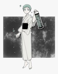  1girl absurdres barefoot eyelashes fingernails full_body highres holding holding_lantern japanese_clothes kimono lantern looking_afar monochrome nail_polish obi original rokkatera sash short_hair solo sparkle standing toenail_polish toenails wide_sleeves 
