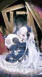  1girl absurdres bare_shoulders black_ribbon blue_dress blue_hairband bow chinese_commentary commentary_request dress dress_bow frilled_dress frilled_hairband frilled_sleeves frills gothic_lolita hair_over_one_eye hair_ribbon hairband highres holding holding_stuffed_toy lolita_fashion lolita_hairband long_hair long_sleeves looking_back mahou_shoujo_no_majo_saiban natsume_an-an off-shoulder_dress off_shoulder one_eye_covered picture_frame polka_dot polka_dot_bow ribbon sleeve_bow sleeves_past_fingers sleeves_past_wrists solo stuffed_animal stuffed_sheep stuffed_toy violet_eyes watermark white_hair wide_sleeves witch_(manosaba) yuwenyueyao 