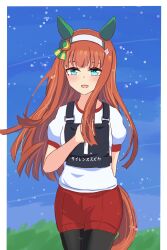  1girl absurdres animal_ears black_leggings blue_eyes blunt_bangs blush breasts ear_covers gym_shirt gym_shorts hair_ornament hairband highres hime_cut horse_ears horse_girl horse_tail leggings leggings_under_shorts long_hair looking_at_viewer mgr3na2sup_6 open_mouth orange_hair orange_tail original_race_uniform_(umamusume) race_bib red_shorts shirt short_sleeves shorts silence_suzuka_(umamusume) small_breasts smile solo tail umamusume white_hairband white_shirt 