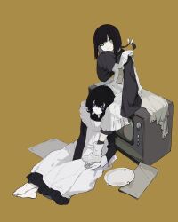  2girls absurdres apron barefoot black_hair blue_eyes boots braid brown_dress candy closed_mouth dot_mouth dot_nose dress fish food frills full_body green_eyes highres long_hair long_sleeves looking_at_viewer maid multiple_girls orange_background original plate rokkatera scar scar_on_face siblings simple_background single_sleeve_past_fingers single_sleeve_past_wrist sitting socks television white_apron white_boots white_socks 