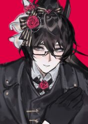  1boy absurdres black_eyes black_gloves black_hair black_jacket black_vest commentary gloves half_updo hand_over_heart heishou_pack-wu_branch_(identity)_(project_moon) highres jacket lapels limbus_company long_hair notched_lapels parted_lips project_moon smile solo very_long_hair vest wolfmeathotpot yi_sang_(project_moon) 