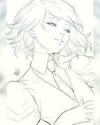  1other androgynous commentary diamond_(houseki_no_kuni) english_commentary gem_uniform_(houseki_no_kuni) highres houseki_no_kuni lineart monochrome other_focus parted_lips short_hair signature sketch solo stanley_lau upper_body 
