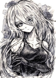  1girl a2_(nier:automata) android black_gloves blue_eyes elbow_gloves expressionless gloves hair_between_eyes hand_on_own_arm highres joints long_hair looking_at_viewer mole mole_under_mouth nier:automata nier_(series) no_blindfold robot_joints solo tsukihi_shida white_hair 