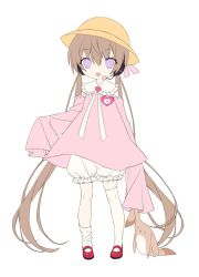  1girl asymmetrical_legwear bloomers brooch brown_hair collared_dress commentary_request dress hat headset heart heart_brooch jewelry kindergarten_uniform kitsune_ncv low_twintails name_tag pink_dress pink_sleeves ribbon school_hat simple_background sleeves_past_fingers sleeves_past_wrists solo tsukuyomi_ai twintails uneven_legwear violet_eyes voiceroid white_background white_bloomers white_ribbon yellow_hat 