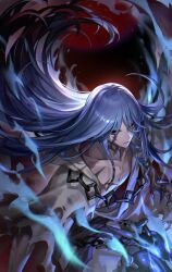  1boy azrael_(fate) azrael_(second_ascension)_(fate) bare_pectorals black_eyes blue_hair cape chain collarbone commentary_request fate/grand_order fate_(series) floating_hair highres long_hair looking_at_viewer male_focus parted_bangs parted_lips pectorals robe sanpaku scar scar_on_cheek scar_on_chest scar_on_face solo torn_cape torn_clothes tsugutoku very_long_hair white_cape white_robe 