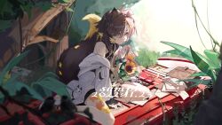  1girl ahoge animal_ears bag bare_shoulders blonde_hair blurry blurry_foreground bouquet brown_bag brown_hair chino_(user_zdyd2447) commentary door flower green_eyes hair_ornament hairclip highres holding holding_bouquet jacket leaf leaf_tattoo letter long_single_sidelock long_sleeves looking_at_viewer maple_leaf multicolored_hair off_shoulder original outdoors paper plant shoes short_eyebrows sitting sneakers solo sunflower tail tattoo tree two-tone_hair untranslatable_commentary wariza 
