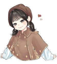 1girl animification black_hair brown_capelet brown_hat capelet closed_mouth collared_capelet commentary_request cropped_torso grey_eyes hat heart highres long_sleeves looking_at_viewer low_twintails medium_hair mendo_(mend0o0) real_life sakurai_hina shirt simple_background smile solo twintails voice_actor white_background white_shirt wispy_bangs 