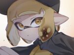  1boy baseball_cap black_headwear close-up commentary_request hat inkling inkling_boy looking_at_viewer parted_lips pointy_ears solo splatoon_(series) white_background yellow_eyes yn_uo0 