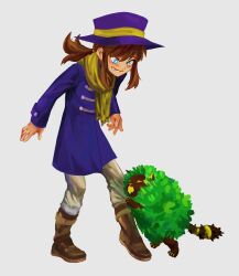  1girl a_hat_in_time aged_up bad_id bad_twitter_id black_tail blue_eyes blush boots brown_boots brown_hair brown_pants buttons coat commentary double-breasted english_commentary fangs hair_tie hat hat_kid hat_ribbon kudo_nguyen long_sleeves medium_hair open_mouth pants ponytail purple_coat purple_hat ribbon rough_patch_(a_hat_in_time) scarf sidelocks skin_fangs smile striped_tail tail two-tone_tail white_background yellow_eyes yellow_ribbon yellow_scarf yellow_tail 