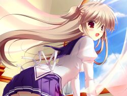  1girl arched_back arm_support back_ribbon breasts brown_eyes clouds curtains day fang floating_hair from_below from_side game_asset grey_hair highres indoors jacket juliet_sleeves leaning_forward long_hair long_sleeves looking_at_viewer looking_back mikeou miniskirt nanairo_kouro nanami_haruka_(nanairo_kouro) non-web_source open_mouth open_window pleated_skirt puffy_sleeves purple_sailor_collar purple_skirt ribbon sailor_collar school_uniform self-datamine skirt sky small_breasts solo standing striped_clothes turning_head two_side_up white_jacket white_ribbon window 