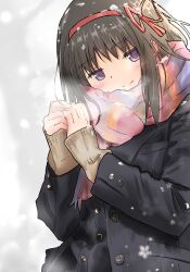  1girl akemi_homura alternate_costume black_coat black_hair black_jacket blurry blurry_background blush buttons coat cold commentary ear_blush grey_background hair_ribbon hairband highres jacket long_hair mahou_shoujo_madoka_magica outdoors plaid_clothes plaid_scarf ribbon scarf sleeves_past_wrists smile snowing solo standing takeraka upper_body violet_eyes winter_clothes winter_coat 