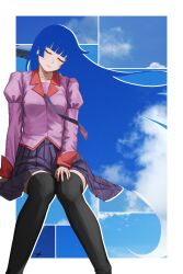  1girl absurdres alternate_hair_color bakemonogatari black_thighhighs blue_hair blue_sky blush border breasts closed_eyes closed_mouth commentary eyelashes feet_out_of_frame hand_on_own_knee highres invisible_chair juliet_sleeves knees_together_feet_apart long_hair long_sleeves medium_breasts miniskirt monogatari_(series) naoetsu_high_school_uniform necktie nemo_ringo pink_shirt pleated_skirt puffy_sleeves purple_necktie purple_skirt school_uniform senjougahara_hitagi shirt signature sitting skirt sky solo thigh-highs very_long_hair white_border 