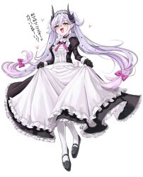  1girl apron black_shoes blush bow commentary_request curtsey demon_horns earrings fate/grand_order fate_(series) green_eyes hair_bow holding_own_dress horns jewelry lilith_(fate) long_hair looking_at_viewer maid maid_apron maid_headdress notonaon pantyhose petticoat revision shoes solo symbol-shaped_pupils twintails very_long_hair white_hair white_pantyhose 