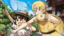  3girls :d absurdres bird black_hair blonde_hair blue_eyes bread bread_slice butterfly_net chicken diva_(hyxpk) dress duck english_commentary food food_in_mouth food_on_face fried_egg fried_egg_on_toast grey_eyes hand_net hat highres long_hair mouth_hold multiple_girls original paintbrush sausage shirt short_hair sky smile snail tamagotchi toast toast_in_mouth tree white_shirt yellow_dress 