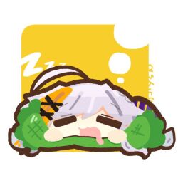  1girl :3 :d ahoge border chibi chibi_only closed_eyes commentary_request drooling long_hair lying mouth_drool on_stomach open_mouth original outside_border shiroyama_ab simple_background sleeping smile solo white_border white_hair yellow_background zzz 