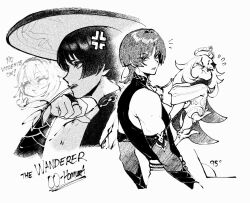  1boy 2girls :t anger_vein armor arms_at_sides artist_name bare_shoulders bishounen blunt_ends blush_stickers bodysuit breasts bridal_gauntlets bright_pupils cape choppy_bangs clenched_hand closed_eyes cross-shaped_pupils diamond_hair_ornament eyelashes eyeliner facing_up flying_sweatdrops from_side genshin_impact greyscale hair_between_eyes hair_intakes hair_ornament halo hand_on_own_chin hat height_difference highres index_finger_raised japanese_armor japanese_clothes jingasa kimono kote long_sleeves looking_at_viewer looking_to_the_side makeup mandarin_collar mechanical_halo median_furrow medium_breasts middle_ring monochrome multiple_girls nahida_(genshin_impact) notice_lines nyantcha one_eye_closed open_mouth paimon_(genshin_impact) parted_lips pulling red_eyeliner romper rope scaramouche_(genshin_impact) sidelocks spot_color symbol-shaped_pupils tareme teeth toned toned_male tsurime upper_teeth_only violet_eyes wanderer_(genshin_impact) white_pupils wolf_cut 