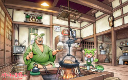  1boy 1girl ^_^ architecture bag barefoot bottle bowl bucket cabinet calendar_(object) clock closed_eyes commentary_request commission cooking_pot crt cup daruma_doll dress east_asian_architecture facial_hair fat fat_man figure fire firewood fish food frying_pan green_bag green_dress green_hair green_kimono hanging_light hanging_scroll happy highres holding holding_bowl indian_style indoors irori_(hearth) japanese_clothes jizaikagi kamado kettle kimono kokeshi long_hair low_ponytail misogram mount_fuji mustache open_mouth pendulum_clock pinafore_dress plate ponytail puffy_short_sleeves puffy_sleeves rabbit_ears_antenna rice rice_bowl rope scroll shamoji shide shirt short_sleeves sitting skeb_commission skewer sleeveless sleeveless_dress sliding_doors smile steam steaming_food stove television two_side_up voiceroid voicevox wall_clock wall_shelf white_shirt wooden_bowl wooden_bucket zundadon zundamon 