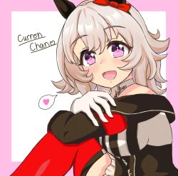  1girl absurdres animal_ears bare_shoulders black_hairband blush bow breasts character_name coat commentary_request curren_chan_(fille_eclair)_(umamusume) curren_chan_(umamusume) dress ear_bow ear_covers gloves grey_hair hairband heart highres horse_ears horse_girl knees_up long_sleeves looking_at_viewer medium_breasts mgr3na2sup_6 off-shoulder_coat off-shoulder_dress off-shoulder_jacket off_shoulder open_mouth red_bow red_thighhighs short_hair sitting smile solo spoken_heart striped_clothes striped_dress thigh-highs umamusume vertical-striped_clothes vertical-striped_dress violet_eyes white_gloves 