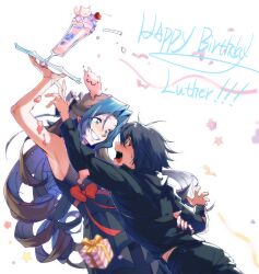  1boy 1girl :3 aqua_eyes arm_up armpits black_dress black_hair black_hoodie black_pants blue_eyes blurry blurry_foreground blush brown_hair cat-shaped_food cherry claw_pose colored_bangs colored_inner_hair commissioner_insert confetti cowboy_shot cream cream_on_body curled_ends curtained_hair degrees_of_lewdity dress eye_contact fang flustered food fruit gift green_eyes grin hand_on_another's_waist happy_birthday highres holding holding_tray hood hood_down hoodie kylar_(degrees_of_lewdity) kylar_(male)_(degrees_of_lewdity) long_hair long_sleeves looking_at_another milkshake multicolored_hair nose_blush oc_x_canon open_mouth original pants peanut_mouth player_character_(degrees_of_lewdity) player_character_(female)_(degrees_of_lewdity) profile ru2786764357 second-party_source short_hair simple_background single_claw_pose sleeveless sleeveless_dress smile sweatdrop tray very_long_hair white_background wide-eyed 