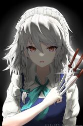  1girl absurdres between_fingers bow bowtie braid chinese_commentary collared_shirt commentary_request ehextra glint green_bow green_bowtie grey_hair hair_bow highres holding holding_knife izayoi_sakuya knife knives_between_fingers long_hair looking_at_viewer maid maid_headdress open_mouth red_eyes shirt solo touhou twin_braids white_shirt 