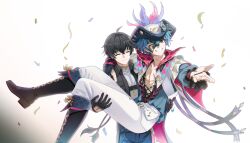 2boys black_hair black_jacket blue_shirt brant_(wuthering_waves) carrying closed_eyes closed_mouth commentary confetti grin half_mask hat hat_feather highres jacket looking_at_viewer male_focus male_rover_(wuthering_waves) mask multiple_boys one_eye_closed open_clothes open_shirt pants princess_carry rayanawolfer rover_(wuthering_waves) shirt smile tacet_mark_(wuthering_waves) tricorne white_pants wuthering_waves 