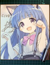  1girl :d animal_ear_fluff animal_ears art_tools_in_frame blue_hair blunt_bangs blush bow bowtie cat_ears cat_girl collared_shirt commentary_request furude_rika grey_skirt hands_up highres higurashi_no_naku_koro_ni kemonomimi_mode long_hair marker_(medium) niyane open_mouth paw_pose pink_bow pink_bowtie pleated_skirt shikishi shirt short_sleeves sidelocks signature skirt smile solo suspender_skirt suspenders traditional_media upper_body violet_eyes white_shirt 