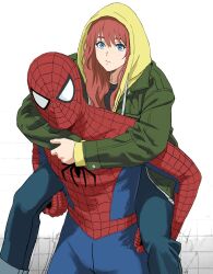  1boy 1girl blue_eyes blue_pants carrying closed_mouth commentary english_commentary freckles green_jacket highres hood hooded_jacket jacket jean_grey long_sleeves looking_at_viewer marvel mask medium_hair pants piggyback red_hair shiren_(ourboy83) spider-man spider-man:_brand_new_day spider-man_(series) superhero_costume white_background x-men 