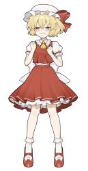  1girl ascot back_bow blonde_hair blush bow clenched_hands closed_eyes closed_mouth collared_shirt commentary_request dot_nose flandre_scarlet frilled_shirt_collar frills full_body happy hat hat_bow highres looking_at_viewer mary_janes mob_cap mokou_cooking one_side_up pointy_ears puffy_short_sleeves puffy_sleeves red_bow red_eyes red_shoes red_skirt red_vest shirt shoes short_sleeves simple_background skirt skirt_set smile socks solo tachi-e touhou vest wavy_mouth white_background white_bow white_hat white_shirt white_socks yellow_ascot 