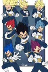  1boy berryzart dragon_ball dragon_ball_super highres male_focus metamoran_vest multicolored_hair muscular muscular_male saiyan saiyan_armor solo spiky_hair super_saiyan super_saiyan_1 super_saiyan_2 super_saiyan_3 super_saiyan_blue super_saiyan_god ultra_ego_(dragon_ball) vegeta 