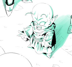  amayuki318 antennae belt boots casting_spell child commentary_request dende dragon_ball dragon_ball_z fangs highres long_sleeves looking_down namekian no_eyebrows outstretched_arms partially_colored pointy_ears sweatdrop talking tunic white_boots 
