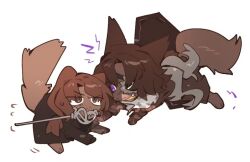  animalization brown_coat brown_gloves brown_hair coat coffin commentary_request dog gloves gregor_(project_moon) grey_scarf heathcliff_(project_moon) holding holding_sword holding_weapon kgoshiro limbus_company low_ponytail ponytail project_moon rapier scarf shout_lines sword weapon wolf wuthering_heights_(identity)_(project_moon) 