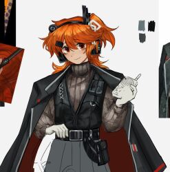  1girl a.i._voice adachi_rei belt belt_pouch black_belt brown_sweater camera closed_mouth cowboy_shot hair_ribbon half_updo headphones headset lcb_uniform_(project_moon) limbus_company looking_at_viewer medium_hair nai_ga_(style) orange_hair pouch project_moon ribbed_sweater ribbon simple_background sinmllk smile solo sweater utau white_background white_ribbon 
