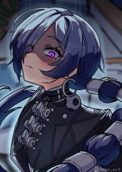  1girl black_cloak blue_hair blush cloak closed_mouth commentary_request crescent crescent_earrings dotan_art earrings floating_hair hair_over_one_eye highres jewelry long_hair looking_at_viewer promeia_(zenless_zone_zero) purple_hair solo upper_body very_long_hair zenless_zone_zero 