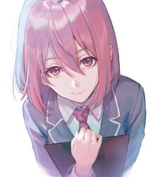  1girl absurdres arato_hisako blue_jacket clipboard highres jacket long_sleeves necktie pink_eyes pink_hair school_uniform shirt shokugeki_no_souma short_hair striped_clothes striped_necktie tomoe0812y tootsuki_saryou_ryouri_gakuen_uniform white_shirt 