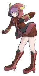  1girl boots breasts cape courtney_(pokemon) dress eyelashes fake_horns full_body gloves high_heel_boots high_heels highres hood hood_up hooded_vest hoodie horned_headwear horned_hood horns knee_boots leaning_forward long_sleeves looking_at_viewer medium_breasts pokemon pokemon_omega_ruby_and_alpha_sapphire posing purple_hair red_boots red_cape red_hood red_hoodie red_sweater ribbed_dress ribbed_sweater short_dress short_hair simple_background solo sweater sweater_dress swept_bangs team_magma team_magma_uniform thighs tikuwabu_33 vest violet_eyes 