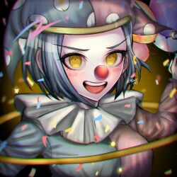  1girl balloon blue_hair blue_jumpsuit clown clown_nose confetti danganronpa_another danganronpa_another:_another_despair_academy f0rtavv12o7 frills hat highres hula_hoop iranami_satsuki jester_cap jumpsuit komatsuzaki_rui_(style) long_sleeves open_mouth pink_jumpsuit polka_dot_headwear red_nose short_hair smile solo two-tone_headwear two-tone_jumpsuit yellow_eyes 